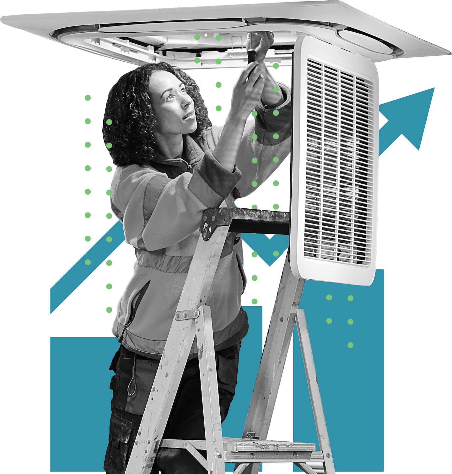 a woman on a ladder fixing a window air conditioner.